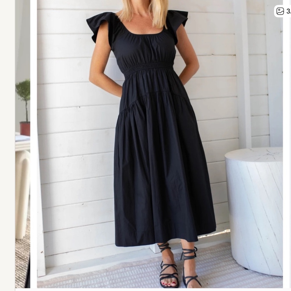 NWT Marea by Liz Joy Louise Dress Cotton Poplin Black Flutter Sleeve Midi XL